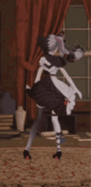 a cartoon girl in a white dress is dancing in a room .