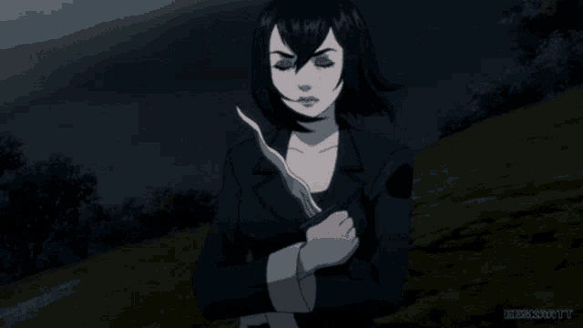 a woman in a black jacket is holding a knife in a dark field with the words beersknott below her