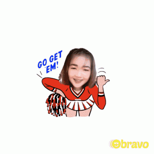 a cheerleader is giving a thumbs up with the words go get em written above her