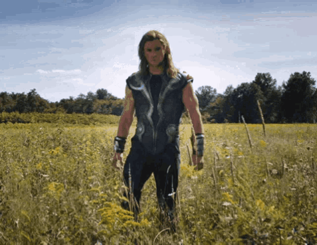 a man in a thor costume stands in a field