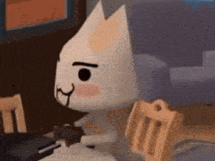a cartoon cat is sitting at a table with a remote control