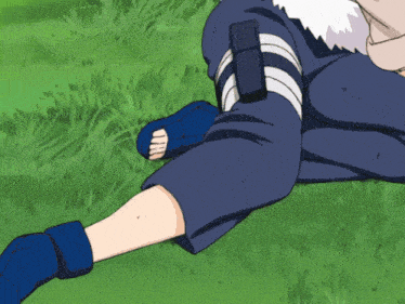 a cartoon character is laying on the grass with a blue shirt on