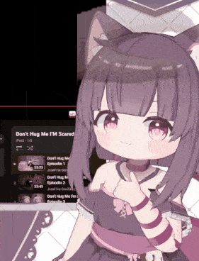 a girl with purple hair is on a screen that says ' don 't hug me i 'm scared '
