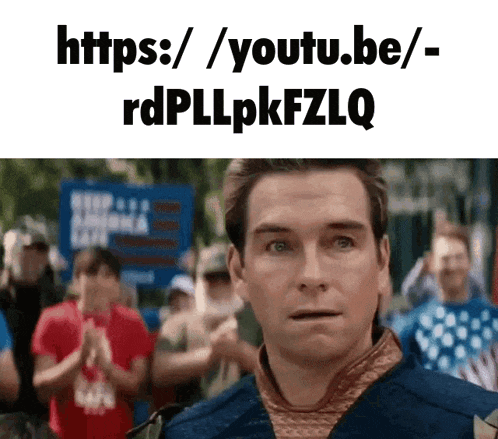 a man with a surprised look on his face is standing in front of a sign that says https://youtu.be