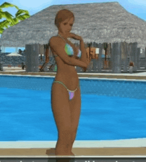 a woman in a bikini stands in front of a swimming pool