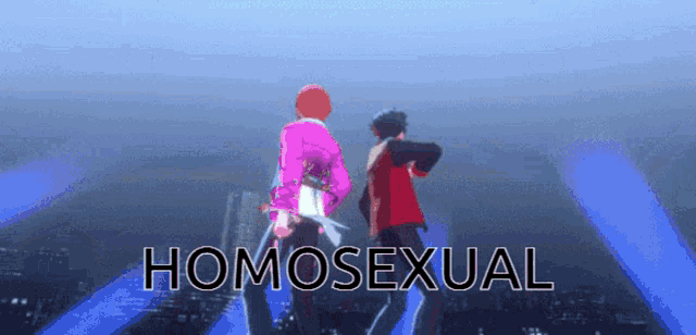 two people are dancing in front of a blue background that says homosexual