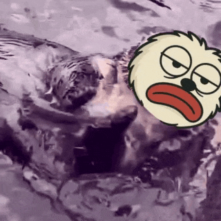 a cartoon character with a funny face is laying in the water .