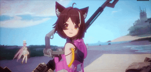 a girl with cat ears is holding a rifle