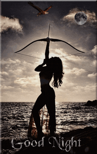 a silhouette of a woman holding a bow and arrow with the words good night below