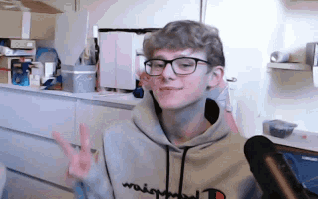 a young man wearing glasses and a champion hoodie giving the peace sign