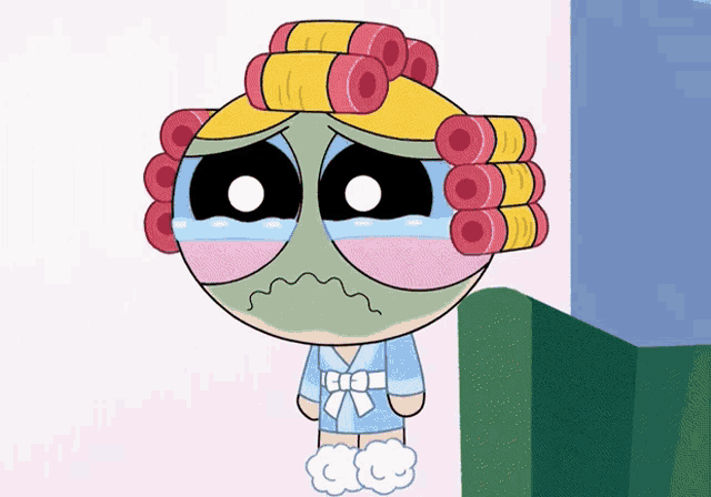 a cartoon character with curlers on her head is crying and wearing a bathrobe