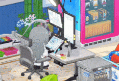 a girl is sitting at a desk with two monitors and a tablet