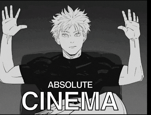 a black and white drawing of a man with the words absolute cinema below him