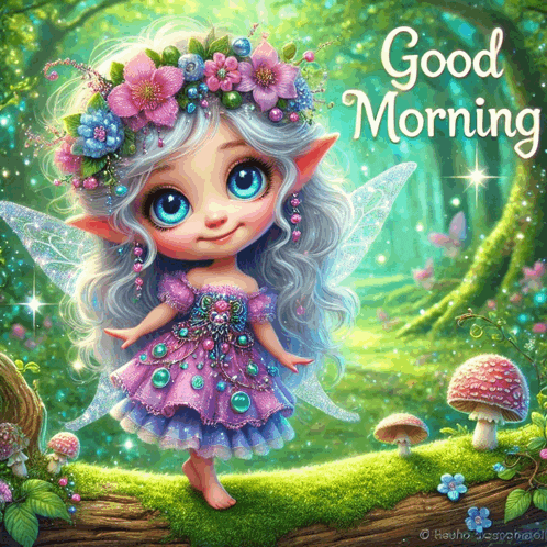 a picture of a fairy with flowers in her hair and the words good morning on the bottom