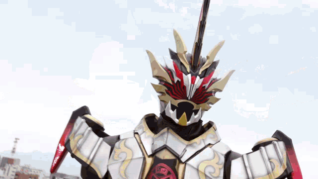 a cartoon character with a sword and shield is standing in front of a blue sky