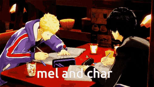 a couple of anime characters are sitting at a table writing in a notebook .