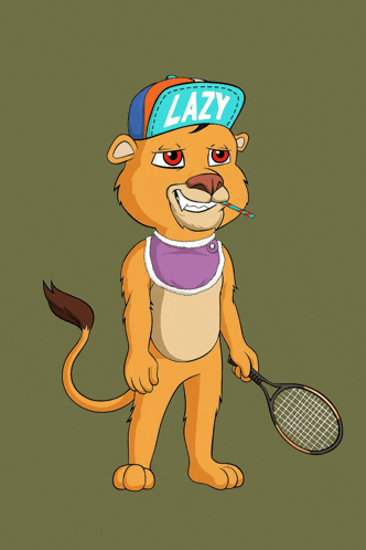 a cartoon lion wearing a hat that says lazy is holding a tennis ball and racket
