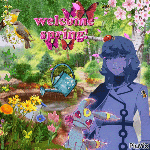 a welcome spring greeting with a watering can and a ladybug