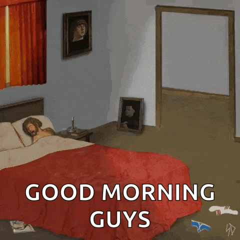 a painting of jesus laying in a bed with the words good morning guys below it