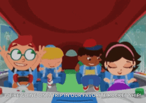 a group of children are going on a trip in our favorite rocket ship .