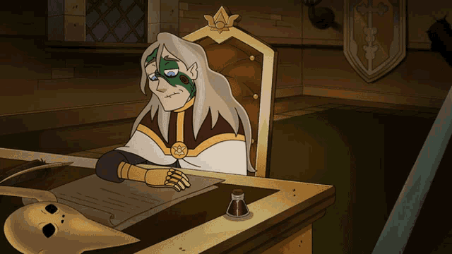 a cartoon character is sitting at a desk with a skull in front of her