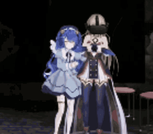 two anime characters are standing next to each other on a stage .