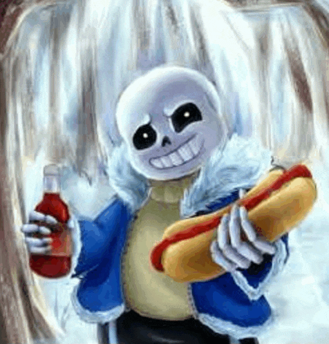 sans from undertale is holding a hot dog and ketchup .