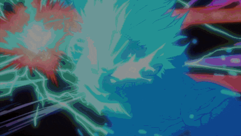 a blue background with a red and purple explosion