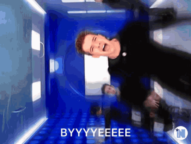 a cartoon of a man in a blue room with the words byyy yeeeee