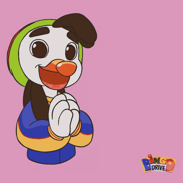 a cartoon character says thank you with a bingo drive logo in the background
