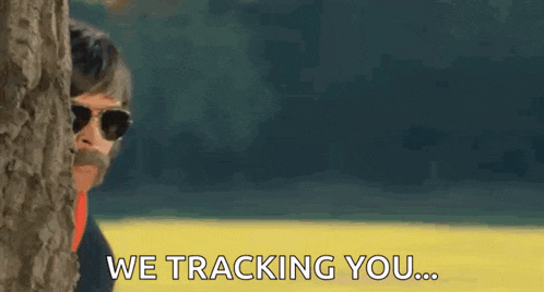 a man with a mustache and sunglasses is peeking out from behind a tree and says we tracking you