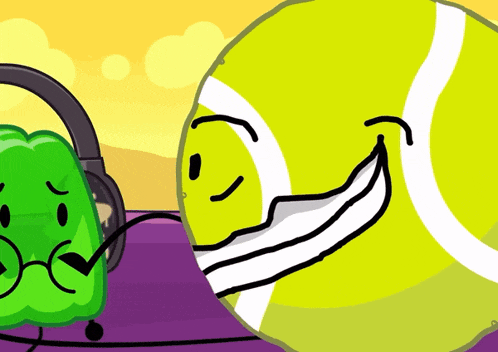 a tennis ball with a face on it is smiling next to a green object with headphones on