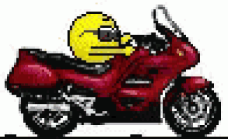 a pixel art of a man riding a red motorcycle with a smiley face on the back .