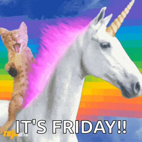 a cat is riding on the back of a unicorn with the words " it 's friday " below it