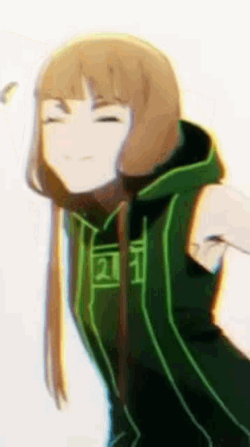 a girl with brown hair is wearing a green vest with the number 21 on it .