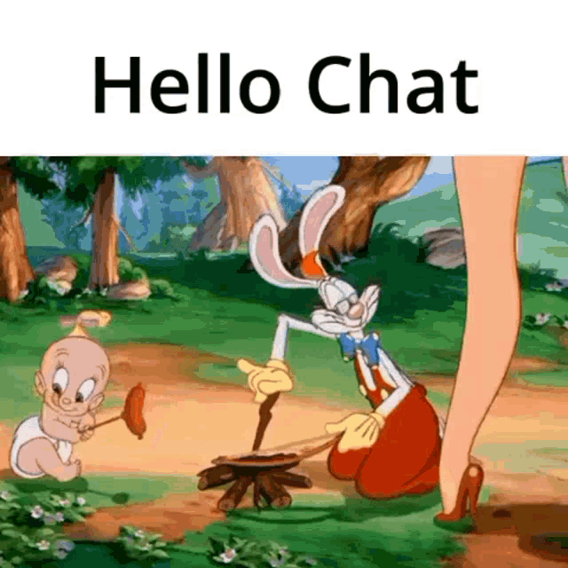 a cartoon of a baby and a rabbit with the words hello chat written above them