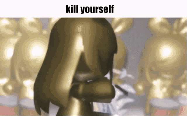 a statue of a girl is standing in front of a group of gold rabbits with the caption kill yourself