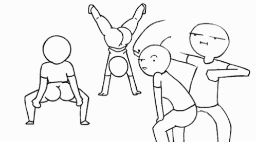 a black and white drawing of a group of people doing handstands and squats .