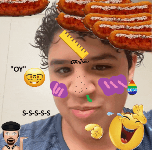 a man with a bunch of hot dogs on his head has a ruler on his head