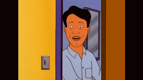 a cartoon of a man standing in a doorway with a light switch on the wall