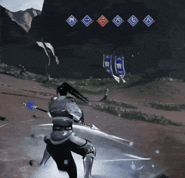 a man in armor is holding a sword in a video game with chinese characters