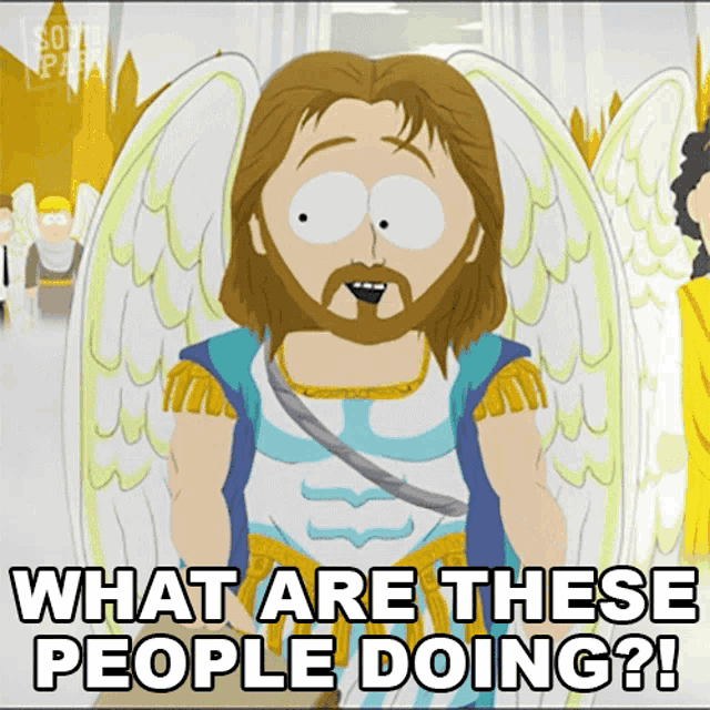 a cartoon of jesus with wings and the words " what are these people doing "