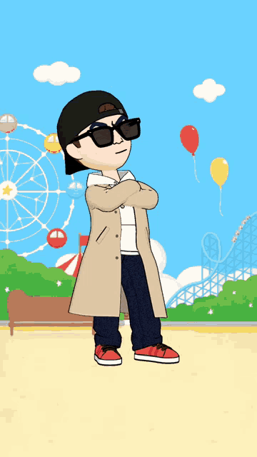 a cartoon character is standing in front of a roller coaster