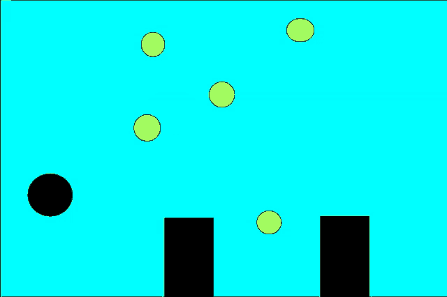 a blue background with a black circle and yellow circles