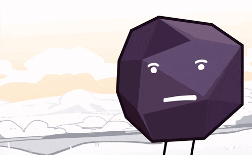 a cartoon drawing of a purple object with a ball in its mouth