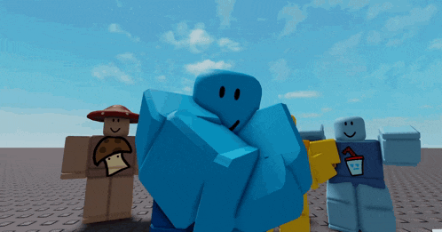 a group of roblox characters standing next to each other with one wearing a blue shirt with a cup on it
