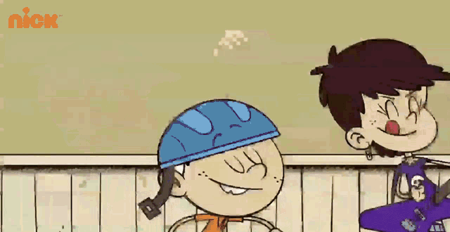 a cartoon character is wearing a blue helmet and holding a bottle while standing next to a girl .