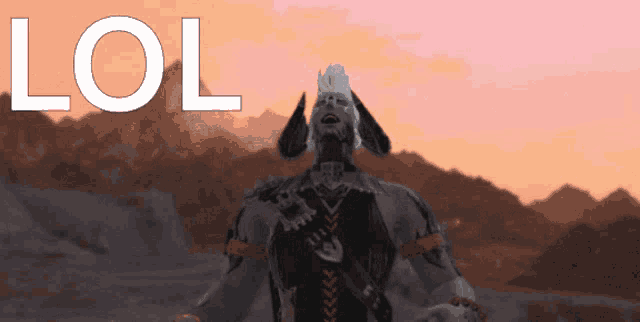 a video game character is standing in front of mountains and the words lol are above him