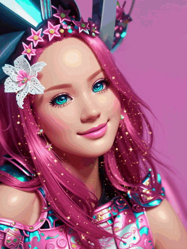 a girl with pink hair and blue eyes has a flower on her head