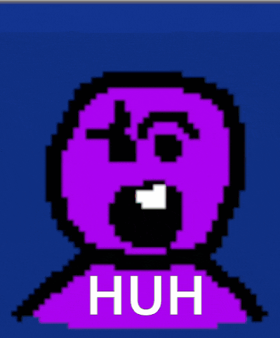 a pixel art drawing of a purple face with the word huh underneath it